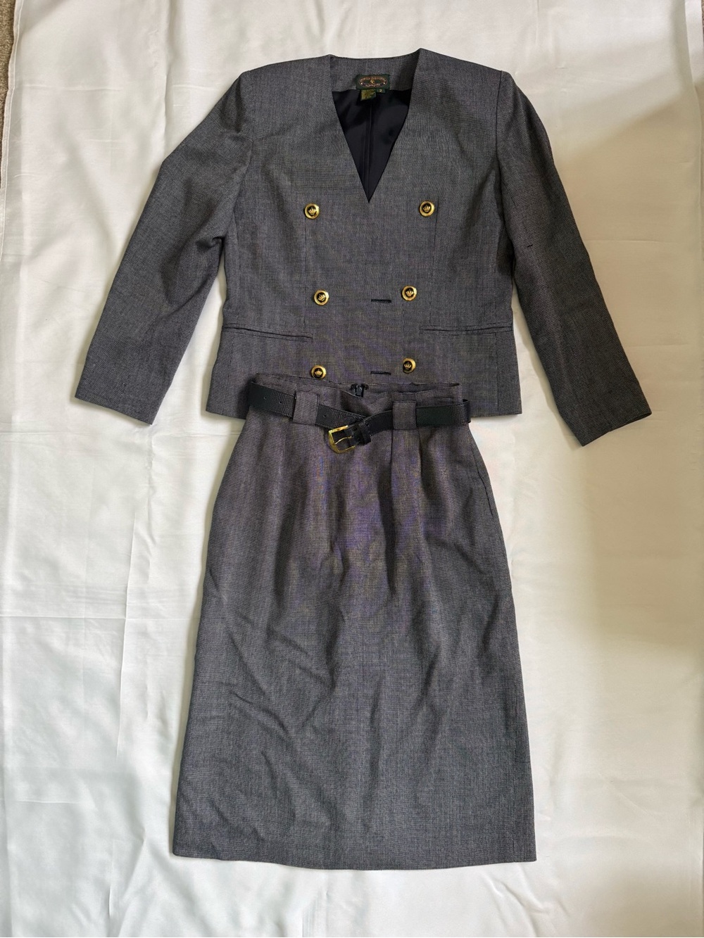 Womens Gray Double-Breasted Pencil Skirt Suit - Classic Career Set